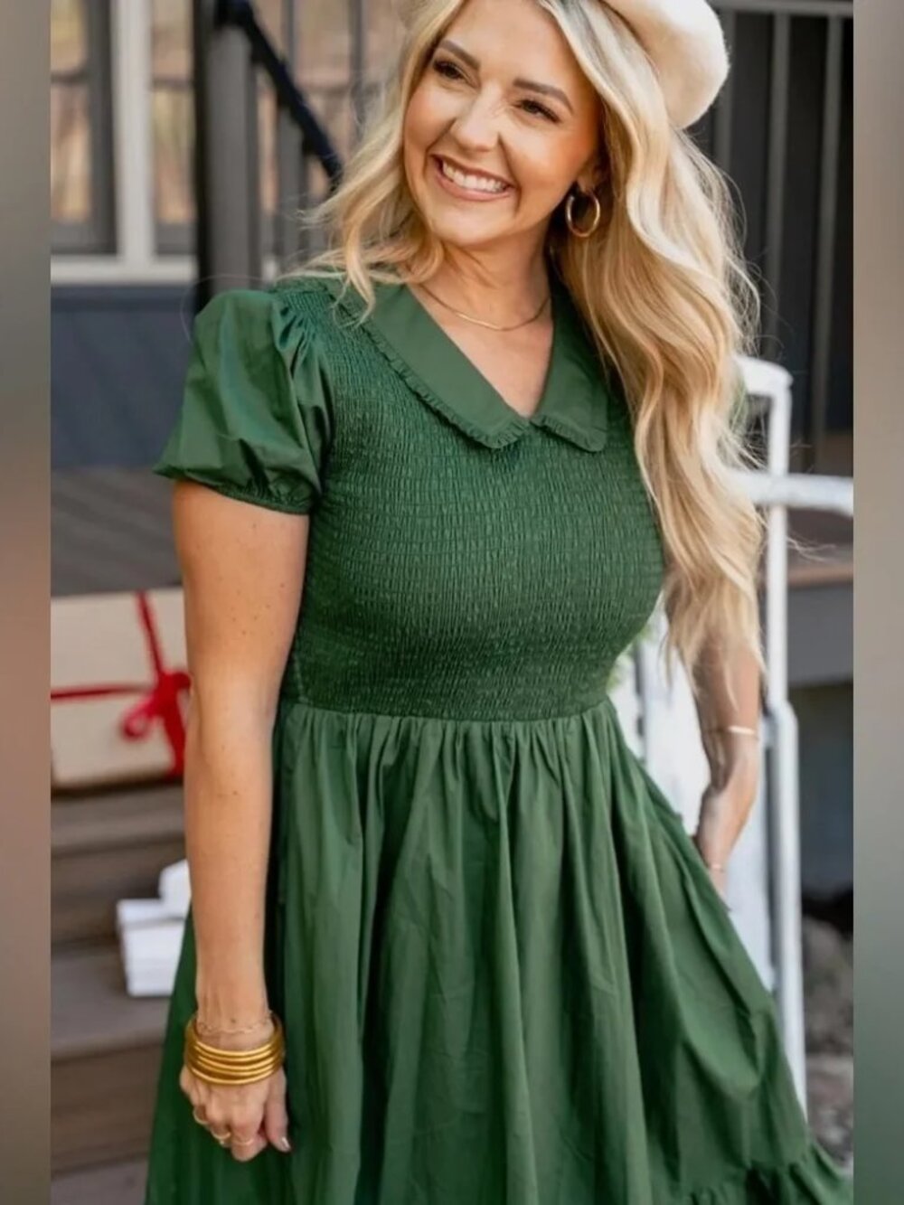 Ivy City Addie Midi Dress in Green Large Puff Sleeves Smocked - Picture 2 of 10